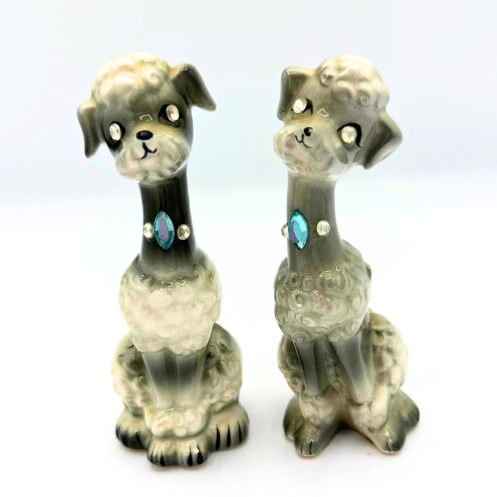 Vintage Enesco French Poodle Salt Pepper Shakers Japan Ceramic Rhinestone Accent